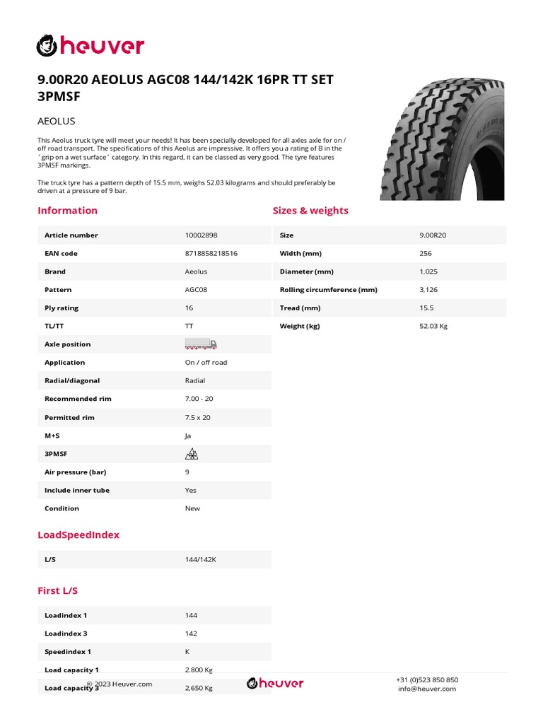 9 00r20 Aeolus Agc08 144 142k 16pr TT Set 3pmsf | PDF | Tire | Wheel