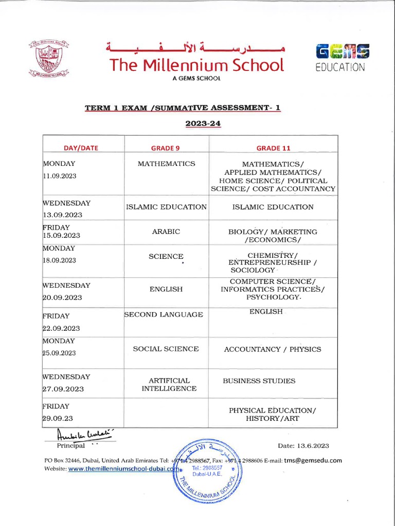 Date Sheet Grade 9 11 Summative Term 1 Exam Pdf