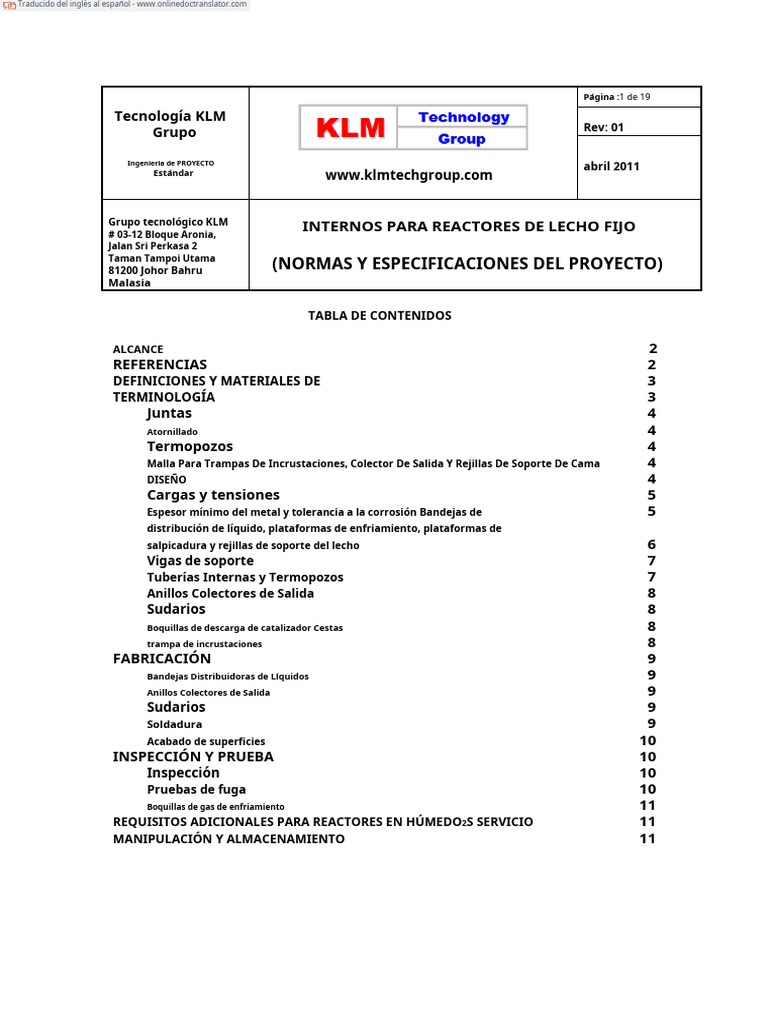 Project standards and specifications fixed bed reactors internals rev01