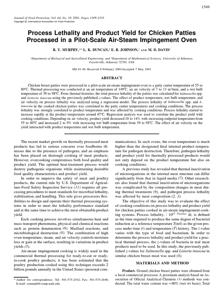 Process Lethality and Product Yield For Chicken Patties Processed in A