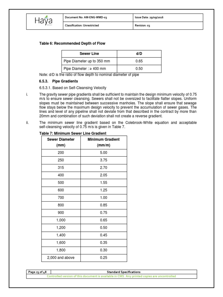 Sewage Slope and Depth of Flow PDF Sanitary Sewer Environmental