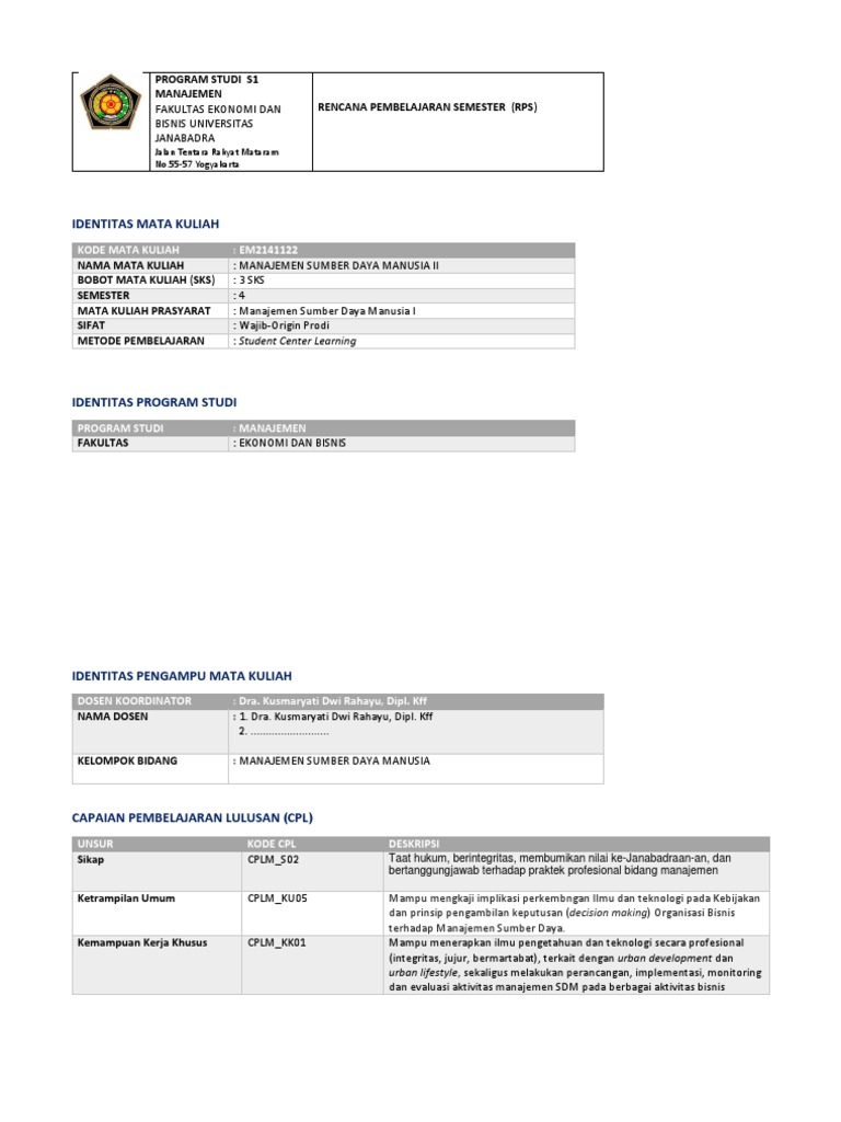 RPS - Obe - MSDM Ii - Kusmaryati | PDF | Bisnis | Pengembangan Diri
