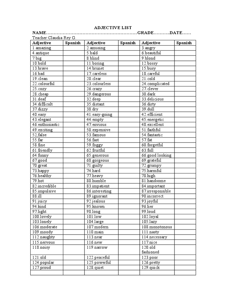 Adjective List | PDF