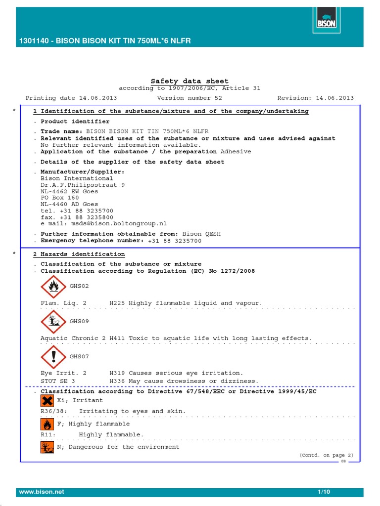 Bison Bison Kit Tin 750ml - Msds | PDF | Firefighting | Personal ...