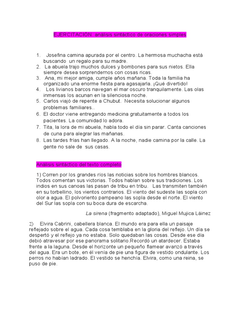 Ejercitacion Analisis Sintactico De Oraciones Simples Pdf