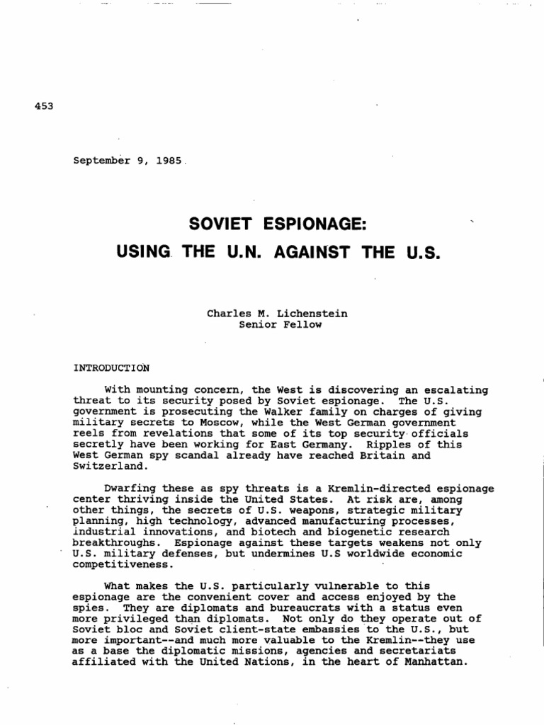 Soviet Espionage Using the U.N. Against the U.S. September 1985 PDF Counterintelligence