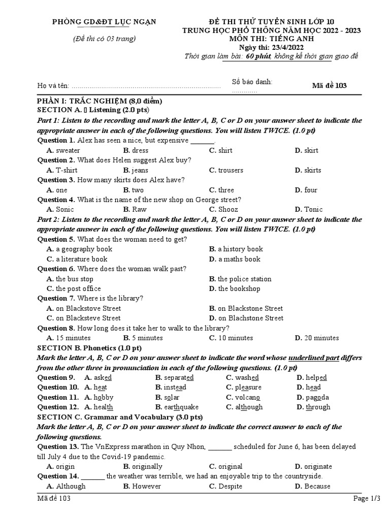 (Ma de 101) Thi Thu Vao Lop 10 THPT Lan 1 | PDF | Cave