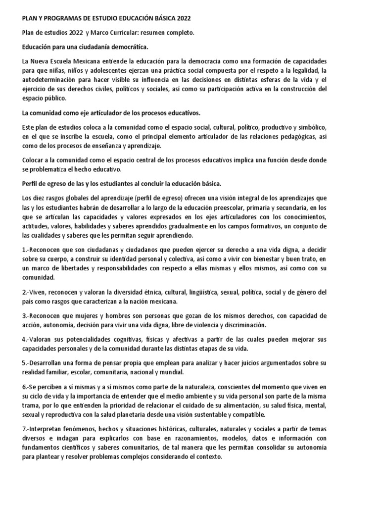 Plan de Estudios Educación Básica 2022 | PDF | Plan de estudios ...
