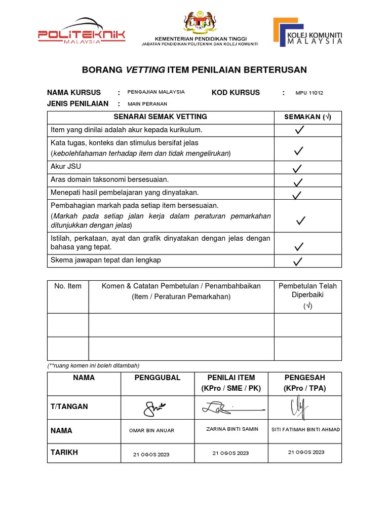 Borang Vetting Item Penilaian Berterusan: Nama Kursus: Kod Kursus ...