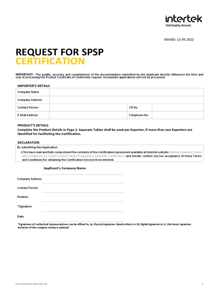 SASO Saleem Request for SPSP Certification Form PDF Signature