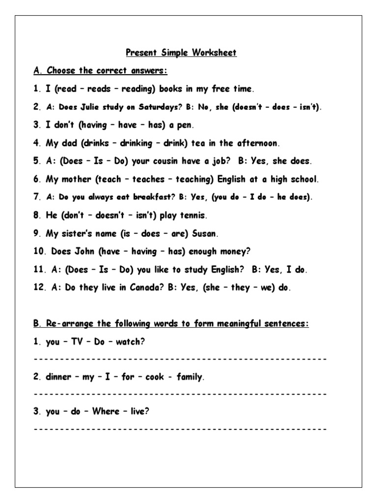 Present Simple Worksheet PDF