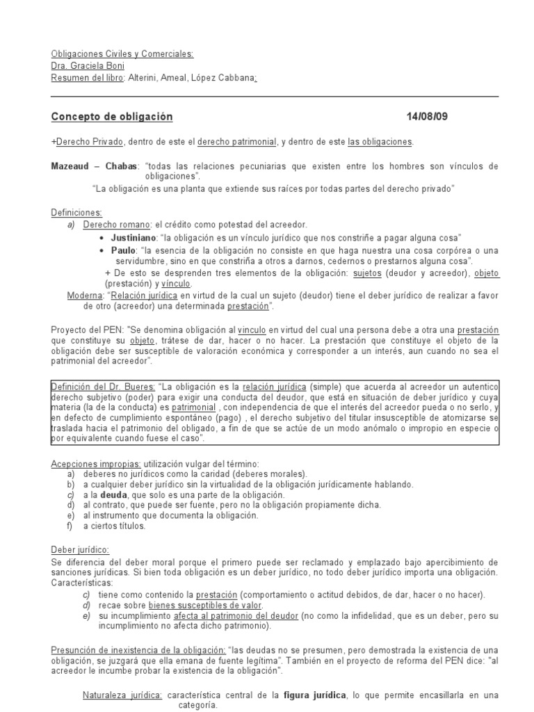 Concepto y Naturaleza de las Obligaciones | PDF | Pagos | Bienes (Ley)
