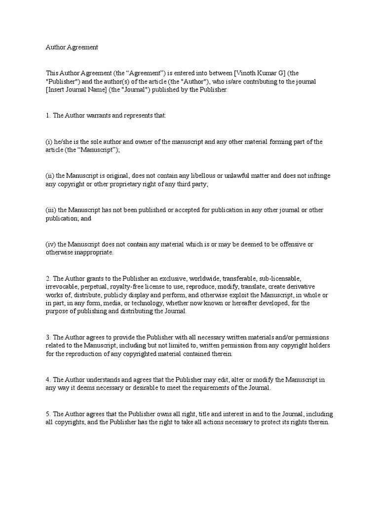 Author Agreement PDF Copyright Indemnity Author Agreement PDF Copyright Indemnity
