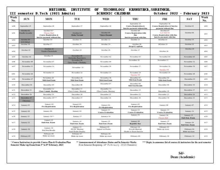 III Sem B.tech Academic Calendar PDF