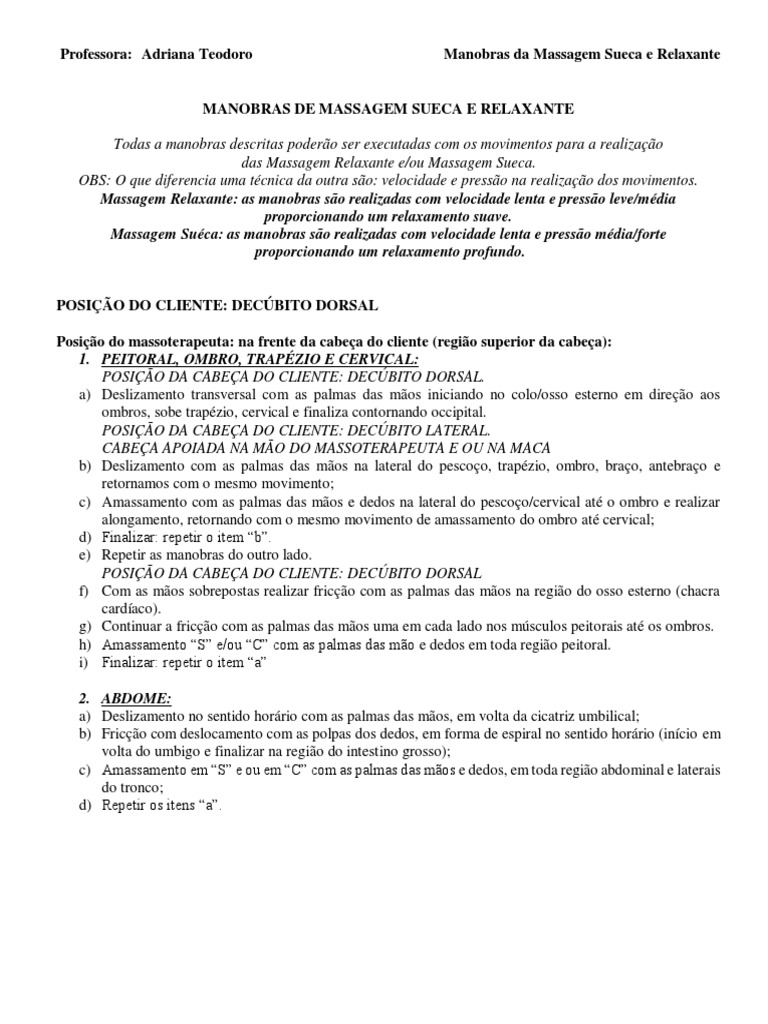Manobras de Massagem Sueca e Relaxante | PDF | Massagem | Sistema Locomotor