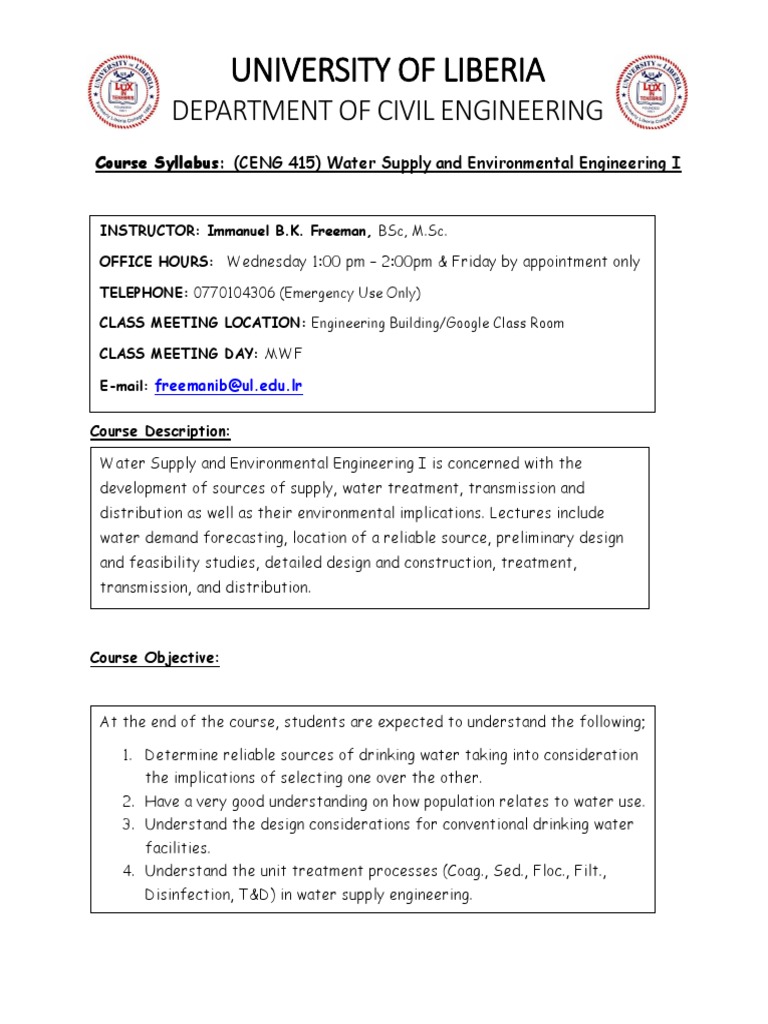 Freeman Course Syllabus - Water I-1 | PDF | Water Purification | Water