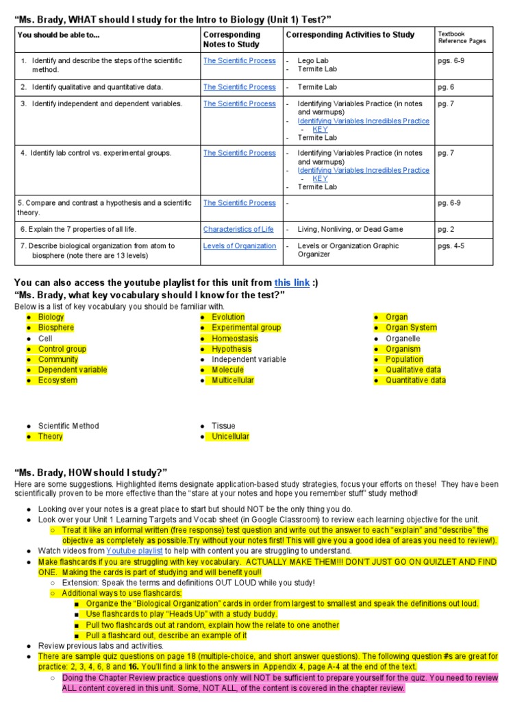 Unit 1 Intro To Biology Test Study Sheet Brady 23 24 PDF Flashcard Scientific Method