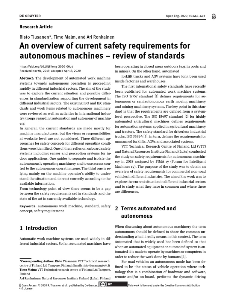 An Overview Of Current Safety Requirements For Autonomous Machines