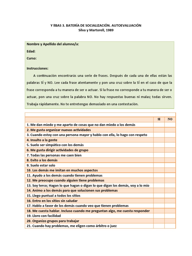 Autoevaluación de Socialización Infantil | PDF