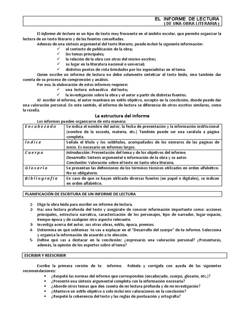 Ficha El Informe De Lectura Pdf Autor Comunicación Escrita
