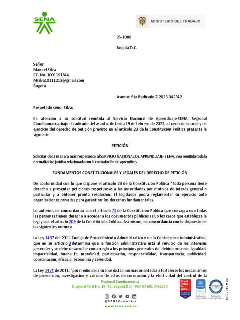 Respuesta de Derecho de Petición | Descargar gratis PDF | Petición