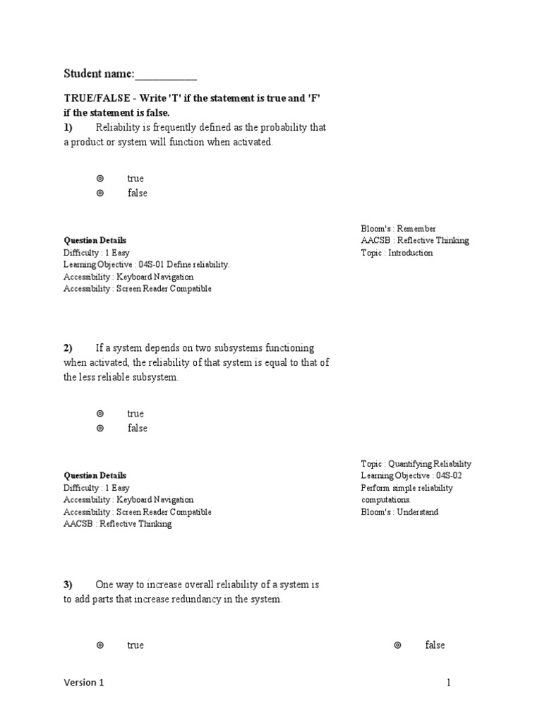 Student name true false write t if the statement is true and