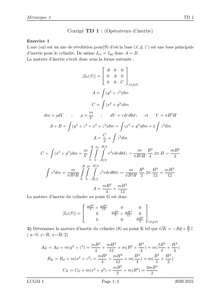 Matrices d'inertie : Exercices corrigés | PDF | Concepts mathématiques ...