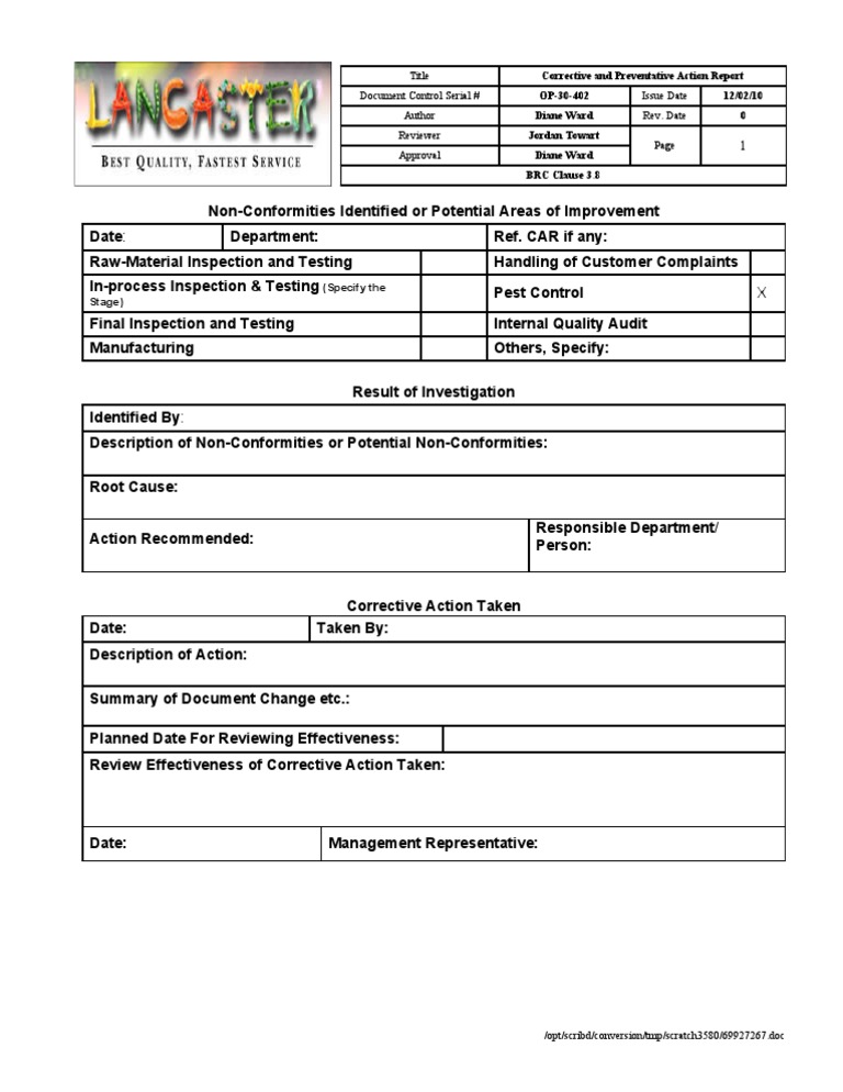 CAPA Report Template for Quality Control | PDF