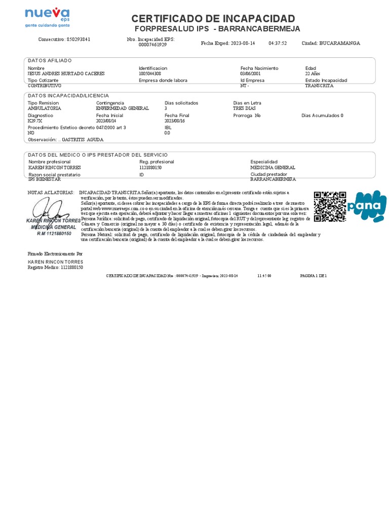 Certificado de Incapacidad Nueva EPS | PDF