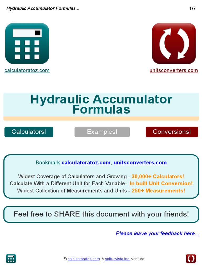 Hydraulic Accumulator Formulas en PDF Density Pressure