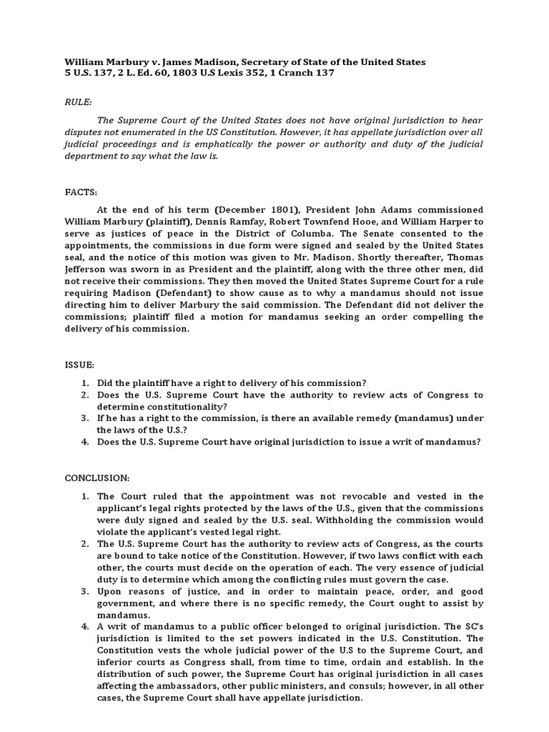 Marbury V Madison | PDF | Marbury V. Madison | Constitutional Law