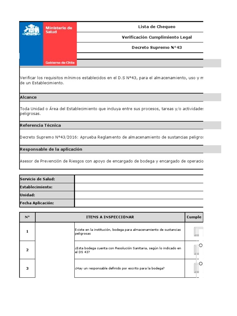 Checklist de Cumplimiento DS 43 | PDF
