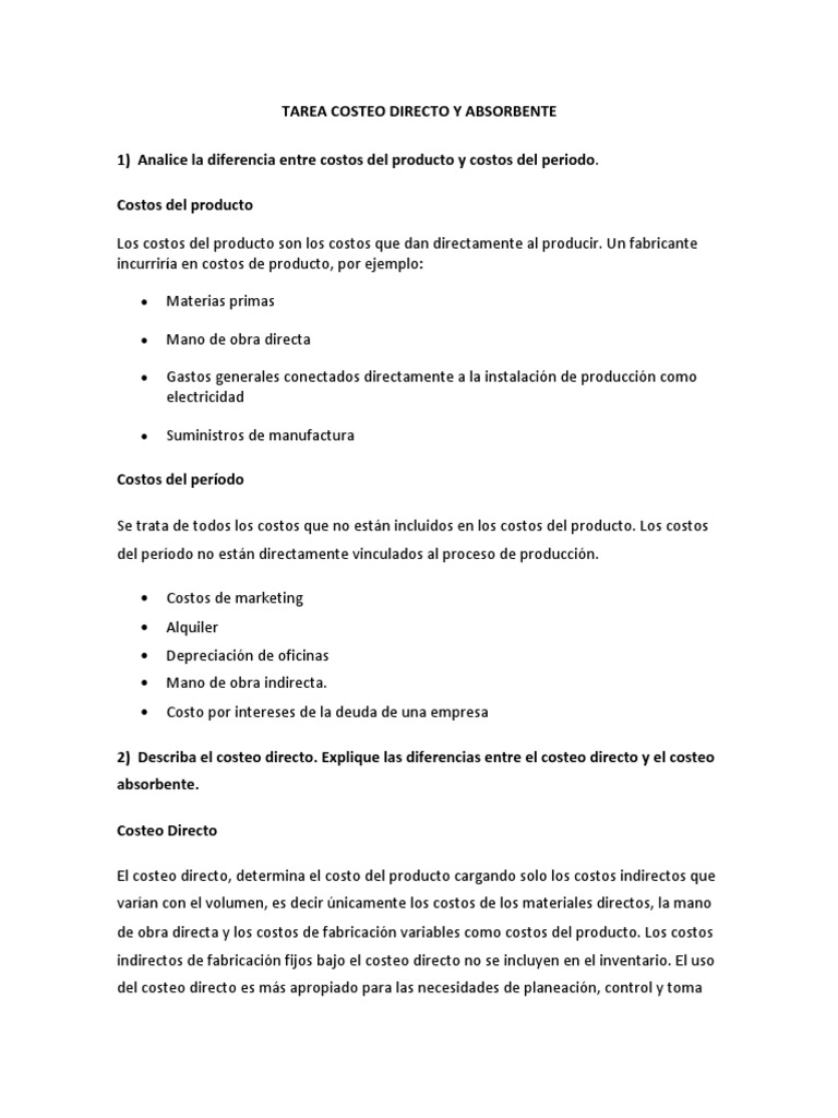 Tarea 4 Costeo Directo y Absorbente | PDF | Contabilidad | Costo