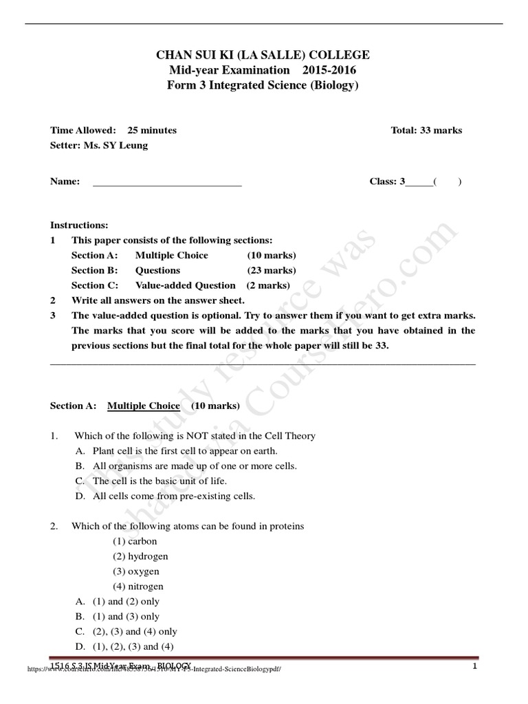1516 MY F3 Integrated Science Biology PDF | PDF | Cell (Biology ...
