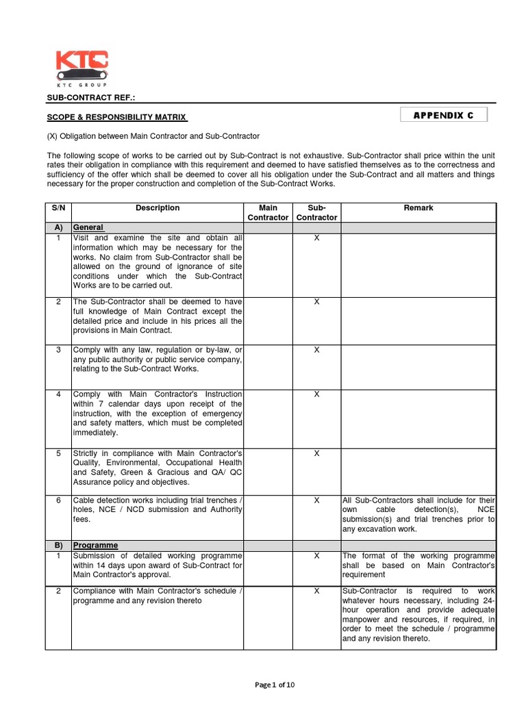 Subcontractor Responsibility Matrix | PDF | Road | Storm Drain
