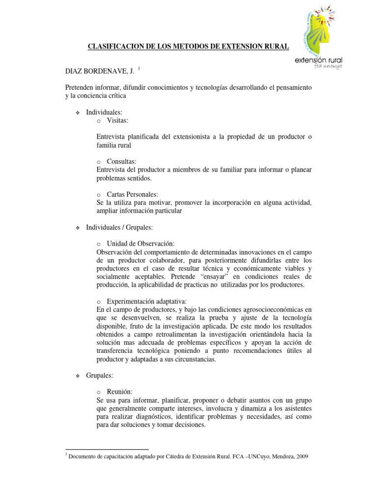 Métodos de Extensión Rural: Clasificación | PDF | Aprendizaje | Cognición