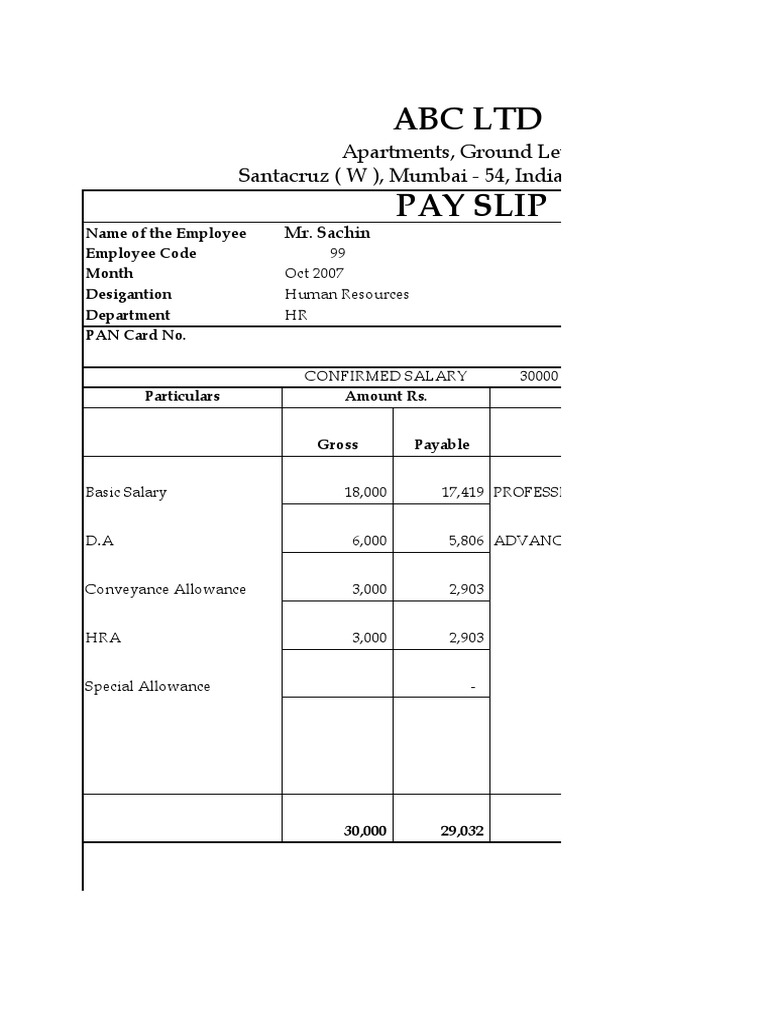 Salary Slip Format | PDF | Personal Finance | Employee Relations