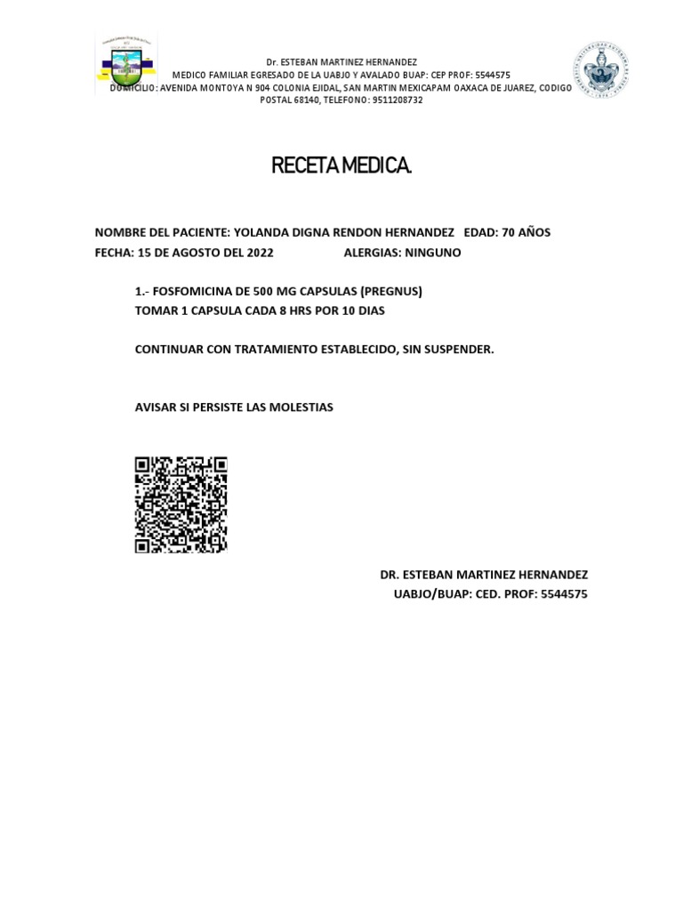Receta Médica para Fosfomicina 500 mg | PDF | Salud y bienestar