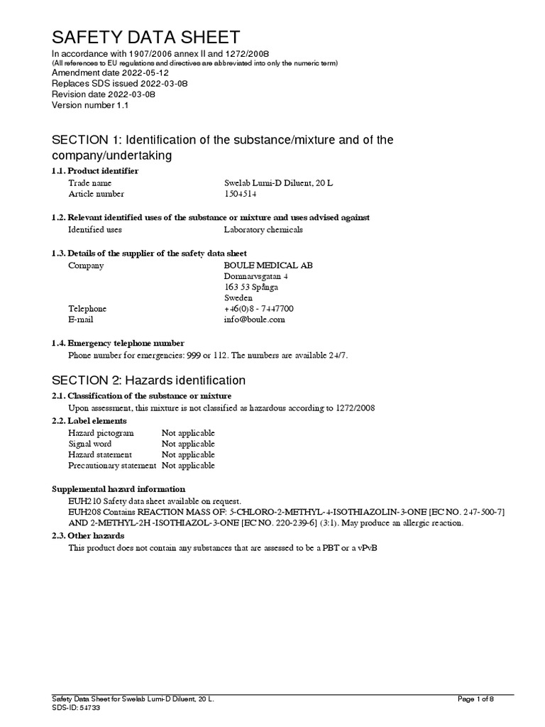Swelab Lumi-D Diluent Safety Data Sheet | PDF | Working Conditions ...