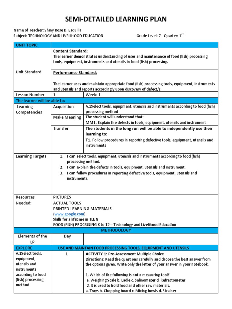 Detailed Learning Plan in TLE 7 - Week 1 | PDF | Kitchen Utensil ...
