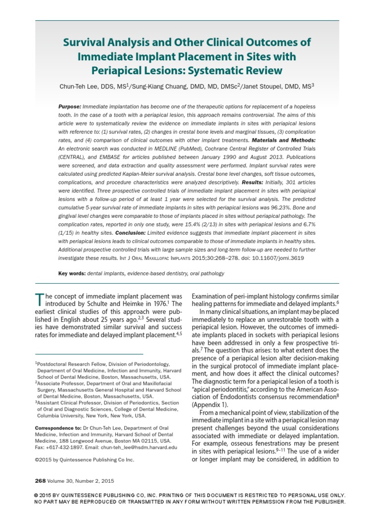 Survival Analysis and Other Clinical Outcomes of | PDF | Dental Implant ...