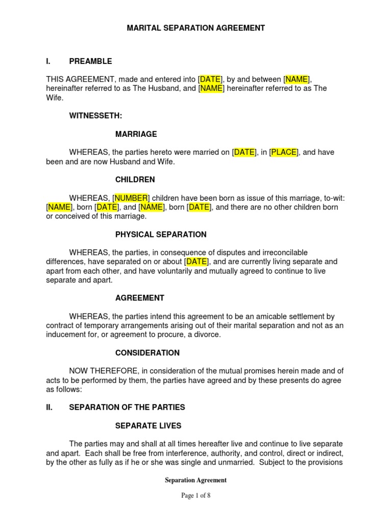 Marital Separation Agreement Template | PDF | Child Custody | Contact (Law)