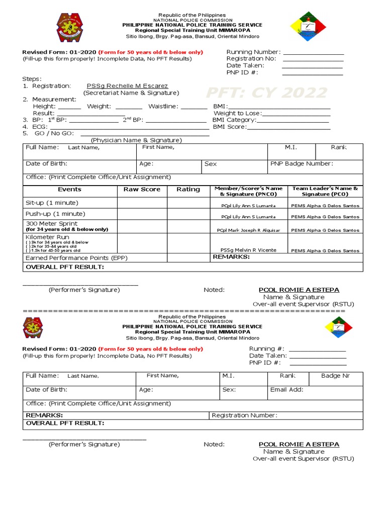 New PFT Form 2022 50 Below RSTU Logo | PDF | Government | Philippines