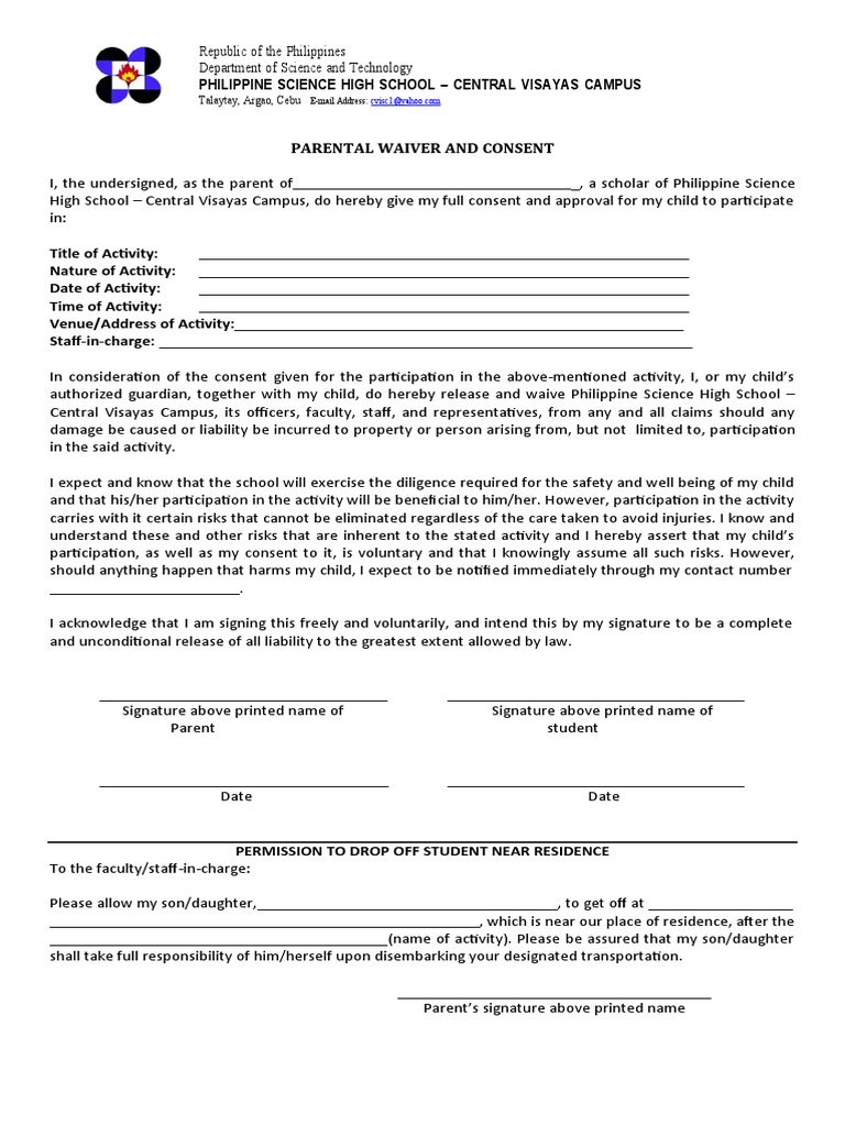 Parental Waiver for School Activities | PDF | Consent | Justice