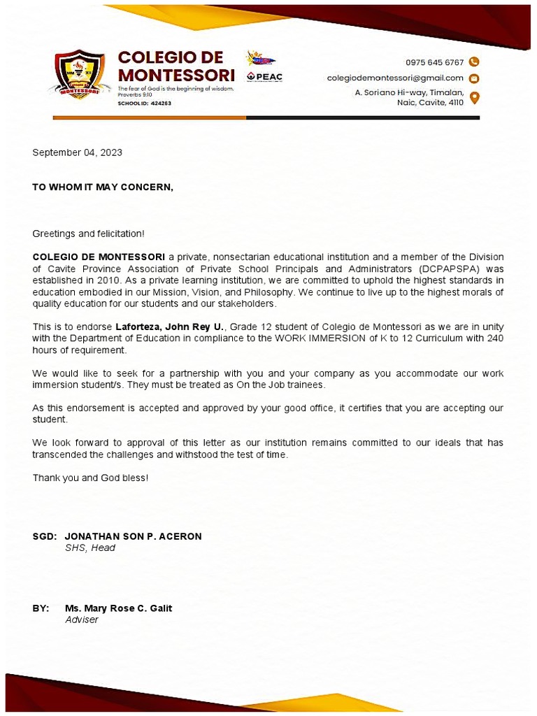 Endorsement Letter For Immersion 1 | PDF