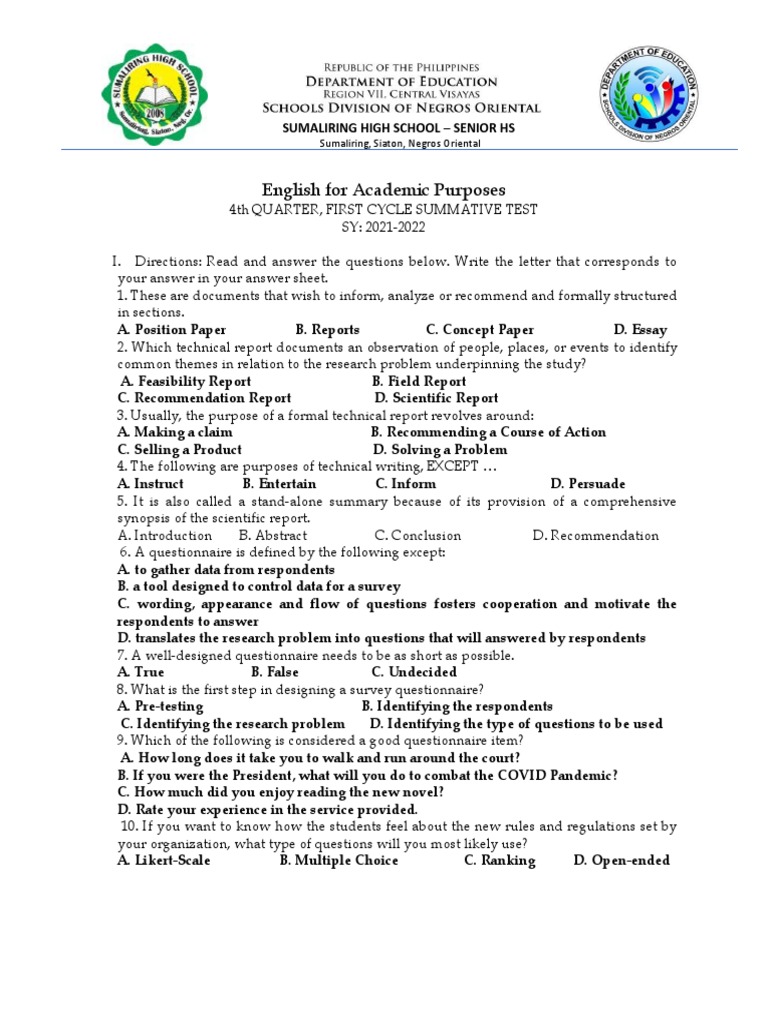 Academic English Test for Seniors | PDF | Argument | Questionnaire