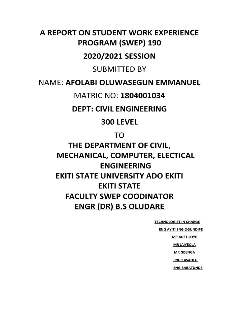 A Report On Student Work Experience Program (Swep190) | PDF | Internal ...