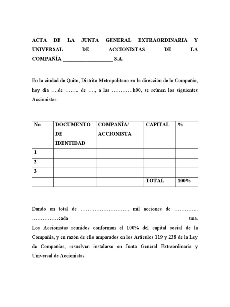 Acta de La Junta General Extraordinaria y Universal de Accionistas de ...