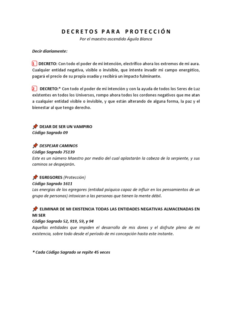 Decretos para Protección Por El Maestro Ascendido Águila Blanca PDF