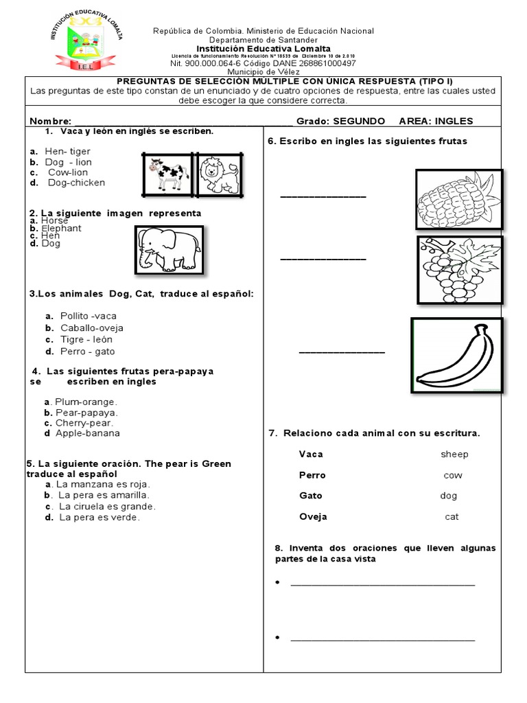 Examen de Inglés para Segundo Grado | PDF